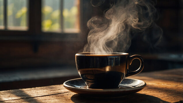 Hot black coffee in a ceramic cup with steam rising, set on a rustic table with morning light filtering through.