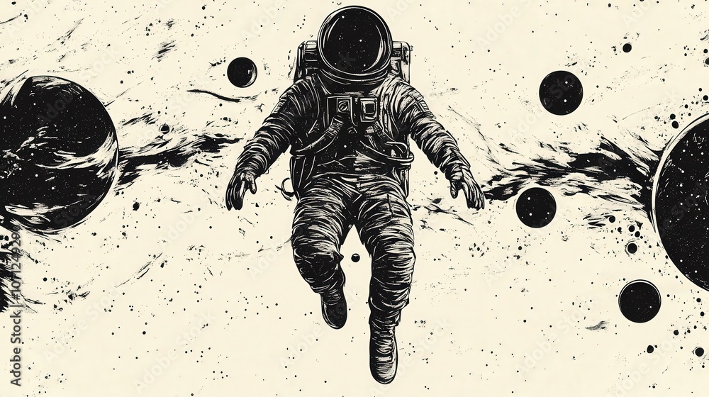 Poster astronaut floating in outer space with distant planets