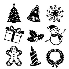 Christmas icons set black silhouette Vector illustration isolated on a transparent background