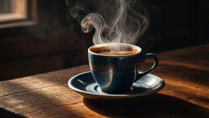 Hot black coffee in a ceramic cup with steam rising, set on a rustic table with morning light filtering through.