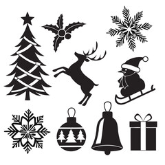 Christmas icons set black silhouette Vector illustration isolated on a transparent background