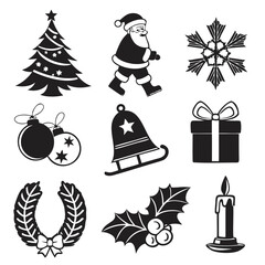 Christmas icons set black silhouette Vector illustration isolated on a transparent background