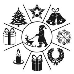 Christmas icons set black silhouette Vector illustration isolated on a transparent background