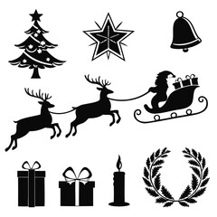 Christmas icons set black silhouette Vector illustration isolated on a transparent background