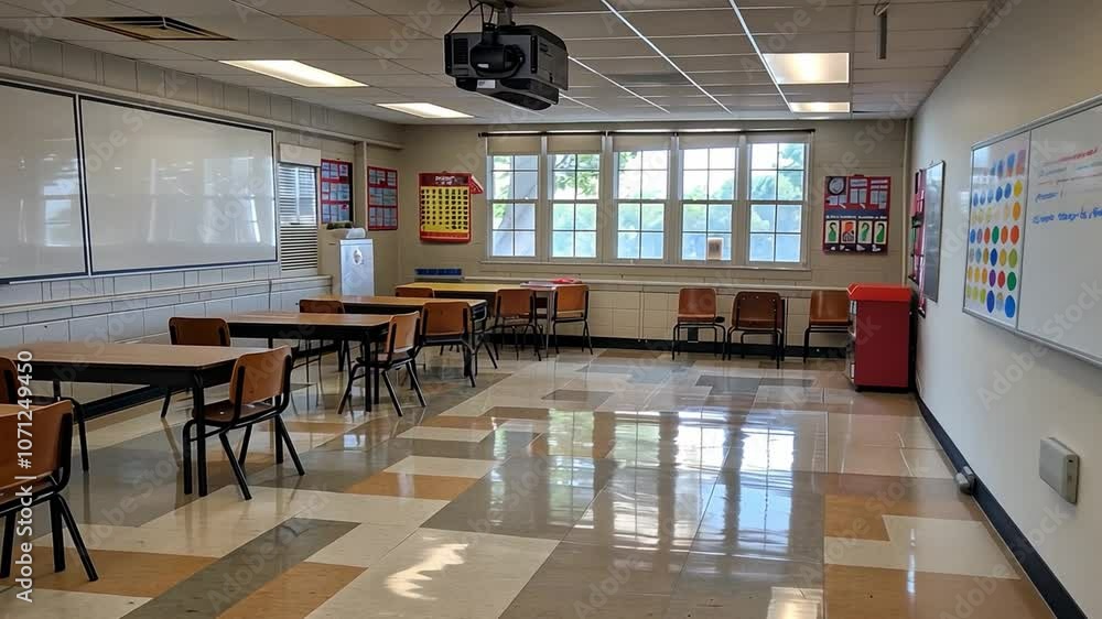 Aufkleber This classroom features wooden desks arranged in rows with sunlight streaming through large windows.