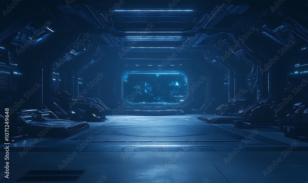 Poster a dimly lit futuristic corridor with blue lighting, showcasing metallic surfaces and advanced techno