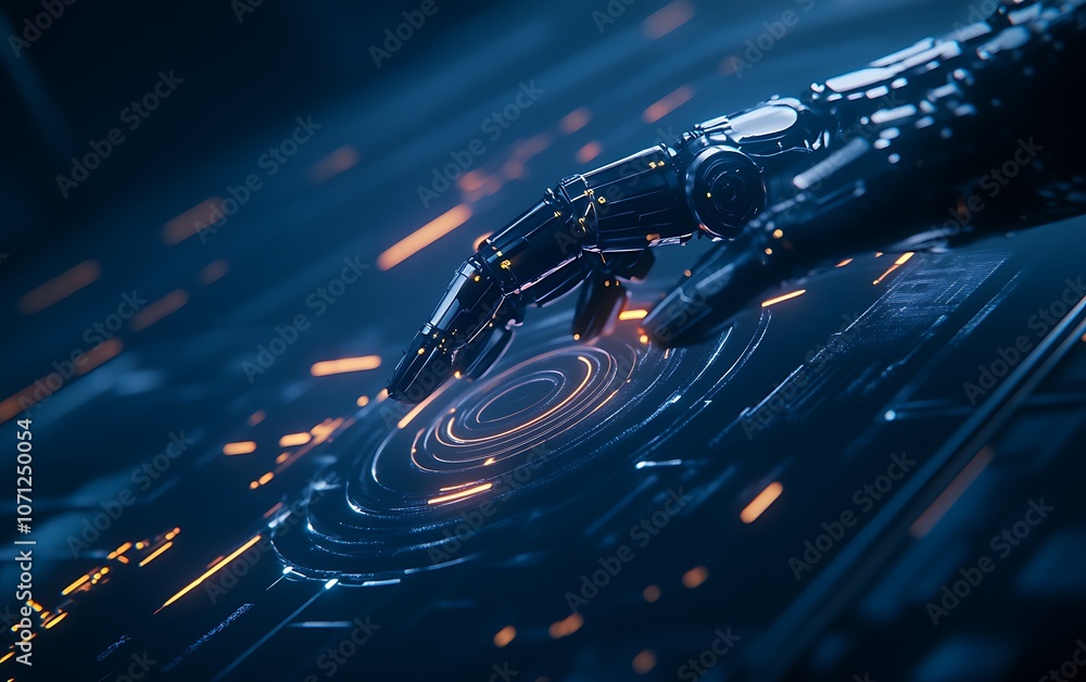 Aufkleber a futuristic robotic hand interacts with glowing digital elements in a sleek, high-tech environment.