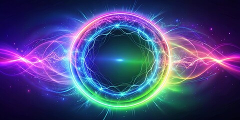 Obraz premium A luminous orb of vibrant energy, pulsing with a captivating display of multicolored light, radiating outwards with dynamic lines and ethereal particles.