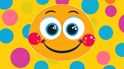 Emotion flashcard featuring a happy face with big eyes and a wide smile, set against a polka dot background in bright colors. This cartoonish, friendly design is perfect for kids