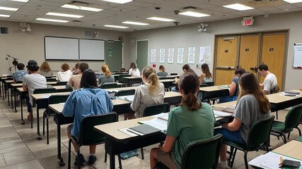 This Students are focused on their work in a well-lit classroom with organized desks.