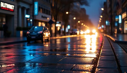 Shimmering Reflections on Rain-Slicked Streets at Night