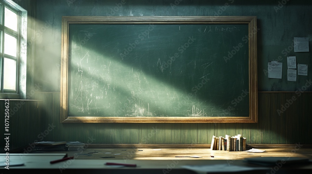 Poster empty classroom with a blackboard and a desk with papers and pencils in front of it.