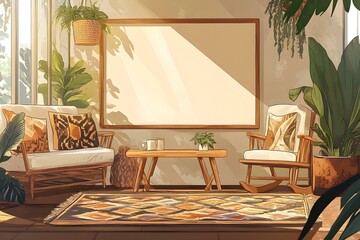 Cozy and Bright Boho Home Interior with Wooden Furniture