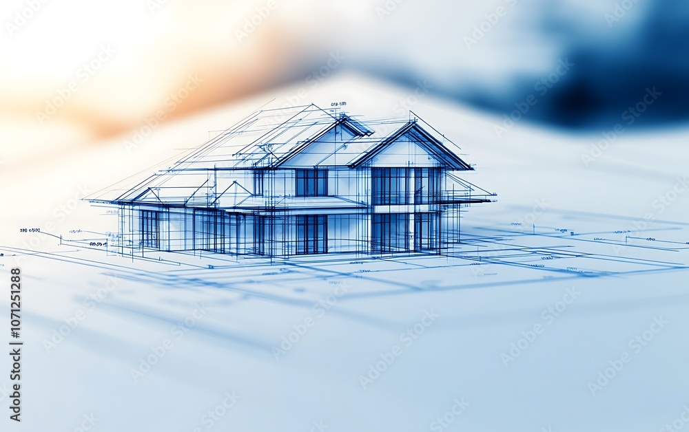 Poster a 3d architectural sketch of a modern house with clean lines and detailed features, set against a bl