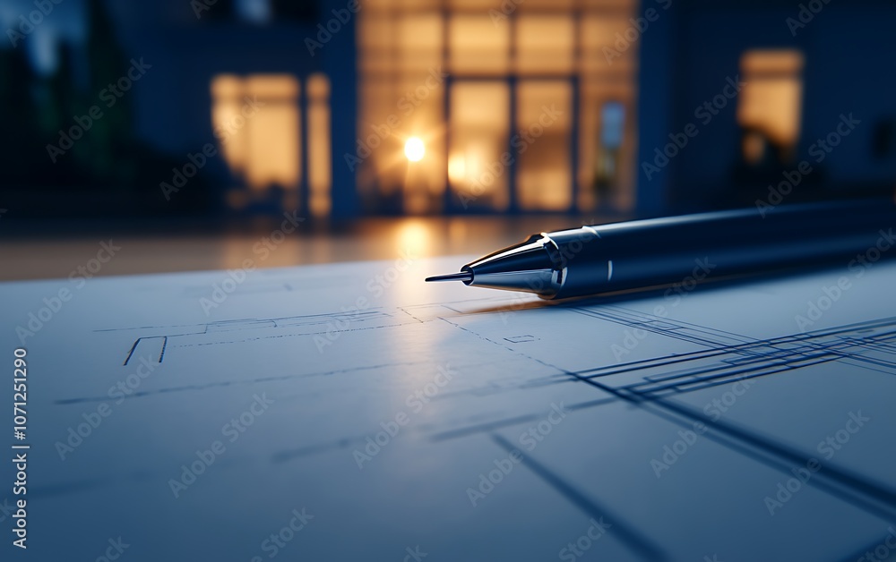 Poster a pen rests on architectural blueprints, illuminated by warm evening light from a modern building in