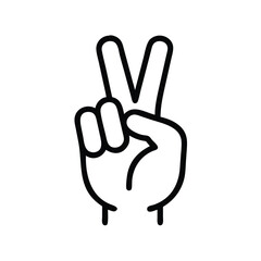 Black Outline Peace Hand Gesture Icon, Minimalist black outline icon of a hand making a peace sign with two raised fingers, symbolizing positivity, peace, and victory.
