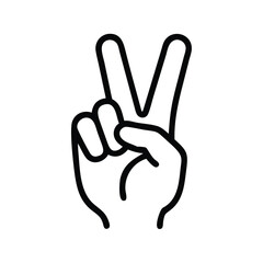 Obraz premium Black Outline Peace Hand Gesture Icon, Minimalist black outline icon of a hand making a peace sign with two raised fingers, symbolizing positivity, peace, and victory. 