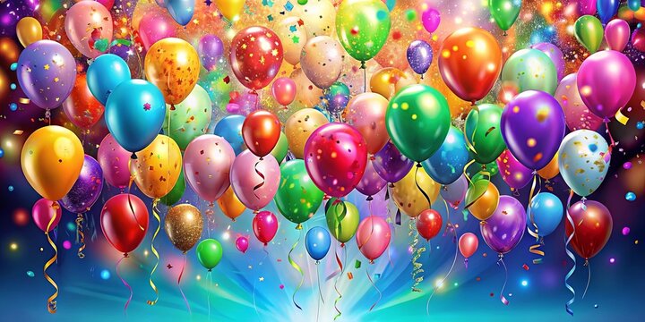 A colorful celebration with balloons and confetti in a radiant sky, filled with joyful anticipation