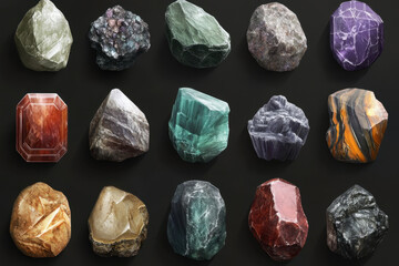 Beautiful array of 15 different types of colorful and unique gemstones, showcasing their natural beauty and variety. Each stone has distinct colors and textures, creating stunning visual display
