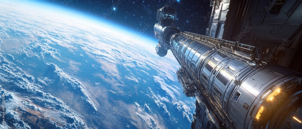 Poster futuristic spaceship orbiting earth - 3d render of a modern spacecraft in space.
