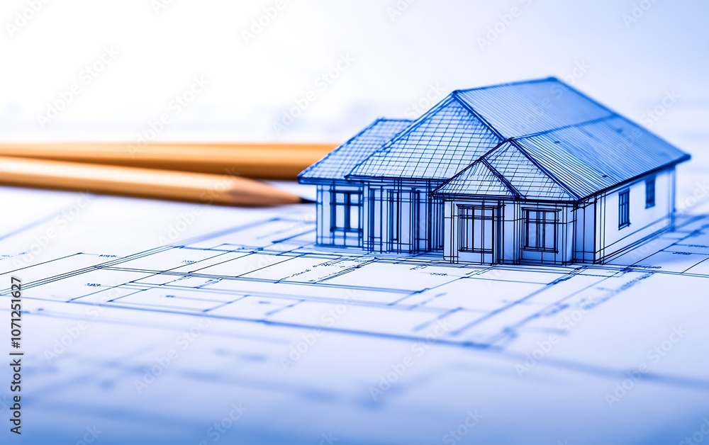 Poster a 3d model of a house rests on architectural plans, highlighting the design details and precision of
