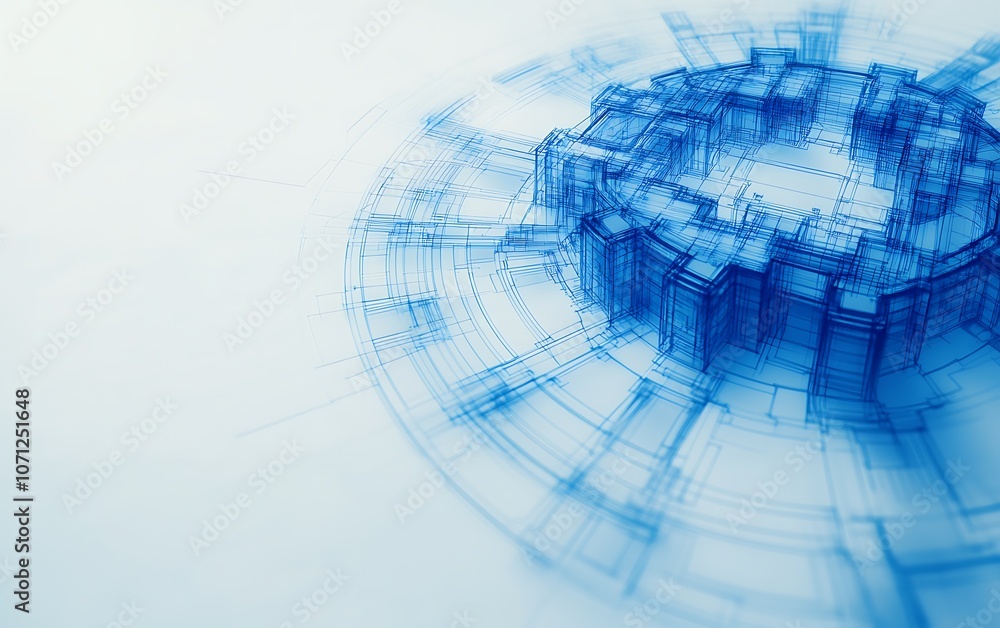 Poster Abstract blue design with a circular pattern, merging technology and artistry, suggesting depth and complexity.