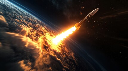 Rocket Launch from Earth - Space Exploration,  Spacecraft,  Cosmic Travel,  Sunrise,  Fire,  Clouds,  Earth.