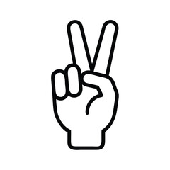 Black Outline Peace Hand Gesture Icon, Minimalist black outline icon of a hand making a peace sign with two raised fingers, symbolizing positivity, peace, and victory.
