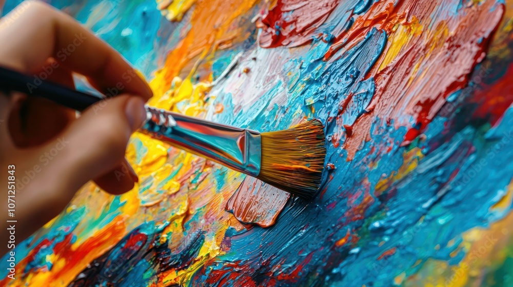 Poster a close-up of a hand creating a colorful abstract background with paint and brushes