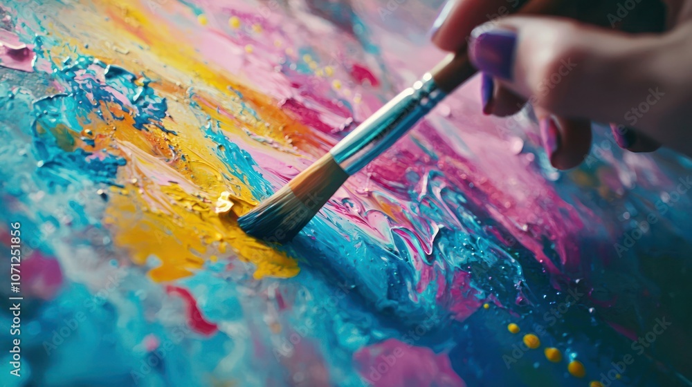 Aufkleber a close-up of a hand creating a colorful abstract background with paint and brushes