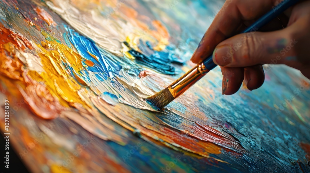 Aufkleber a close-up of a hand creating a colorful abstract background with paint and brushes