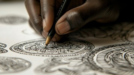 A close-up of a black hand drawing intricate designs on a white sheet of paper