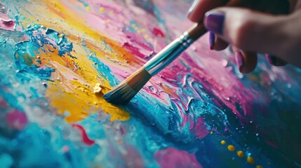Fototapeta premium A close-up of a hand creating a colorful abstract background with paint and brushes