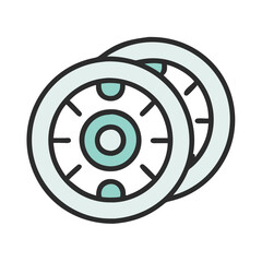 Two White Car Wheels with Green Centers, Icon of two white car wheels featuring green center hubs, symbolizing automotive parts, rims, and vehicle design.
