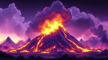 Erupting Volcano with Glowing Lava and Smoky Sky