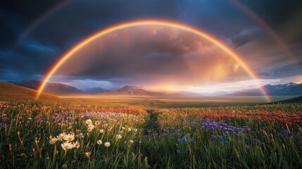 Majestic Rainbow Arcing Over Mountain Range and Wildflowers at Sunset
