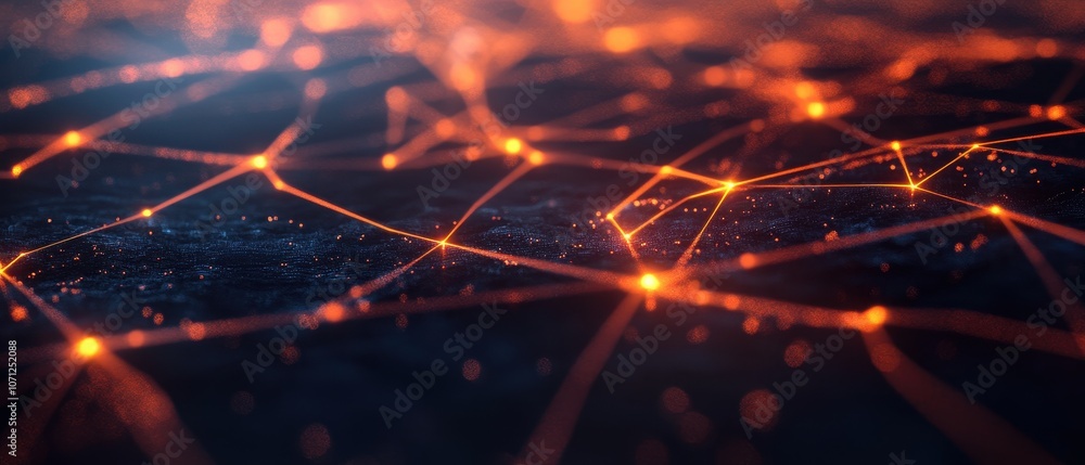 Aufkleber abstract network connection with glowing orange lines and dots on a dark blue background