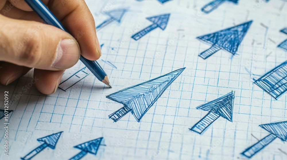 Poster a close-up of a hand drawing arrows in various styles and sizes on a sheet of graph paper