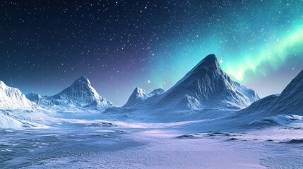 Stunning Night Sky with Northern Lights Over Snowy Mountains and a Frozen Lake.