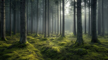 Fototapeta premium Sunlight Filtering Through Mist in a Dense Evergreen Forest, Lush Green Moss Covering the Forest Floor.