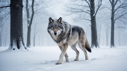 Fototapeta premium A lone wolf walking through a snowy forest during winter. Created with generative AI technology