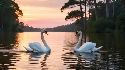 Fototapeta premium A peaceful lake with swans gliding across the water at sunset. Created with generative AI technology