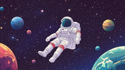 Naklejka premium Astronaut Floating Among Distant Planets in Space