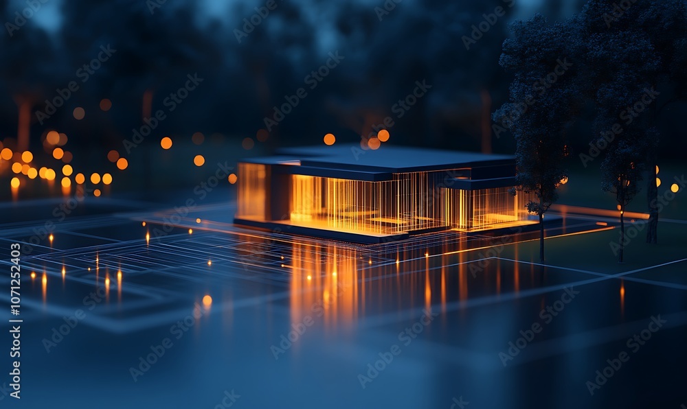 Aufkleber a modern, illuminated building reflecting on water, surrounded by greenery and ambient lights, creat