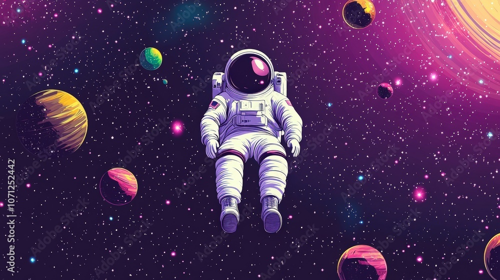 Poster astronaut floating in outer space among distant planets