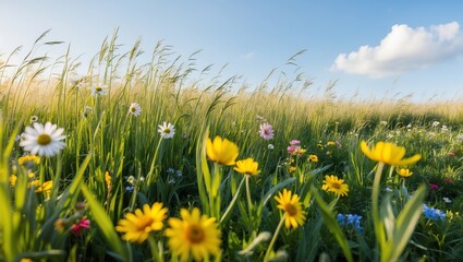 Obraz premium A peaceful meadow with wild grass and colorful flowers in the spring. Created with generative AI technology