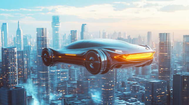 futuristic car flying above vibrant city skyline, showcasing advanced technology and sleek design. scene captures sense of innovation and excitement in modern urban environment