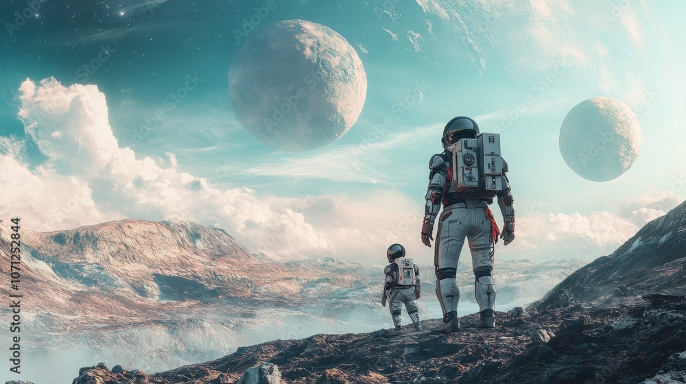 Poster astronauts exploring an alien planet with a dramatic sky and multiple moons.