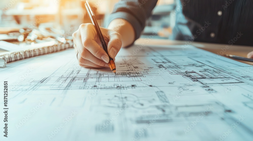 Poster a hand creating a technical drawing of a machine, showcasing precision and expertise
