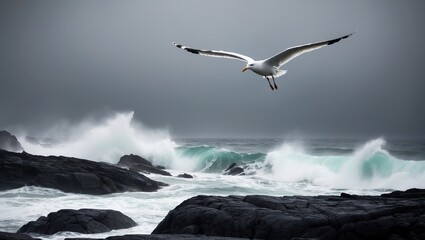 Obraz premium A rocky coastline with crashing waves and a lone seagull flying overhead. Created with generative AI technology